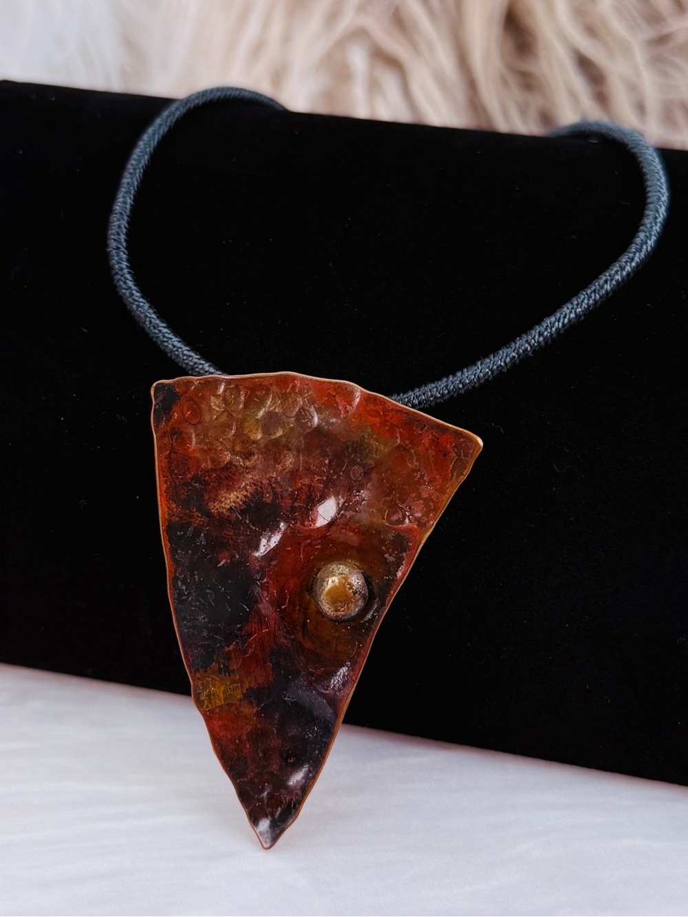 Hammered Copper Abstract Pendant Necklace Adjustable Cord